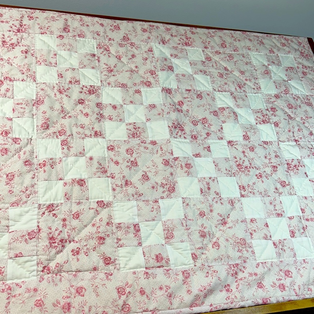 Hand Quilted Pink Floral White Irish Chain Baby Quilt